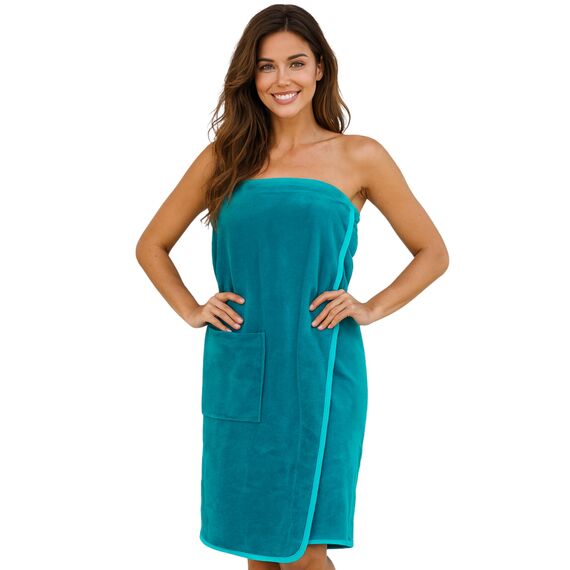 Morgenstern Saunakilt Damen Saunahandtuch mit Knopf und Tasche 100% Baumwolle Frottee Oeko-TEX® 90 x 145 cm Handtuch mit Gummizug Katja Petrol