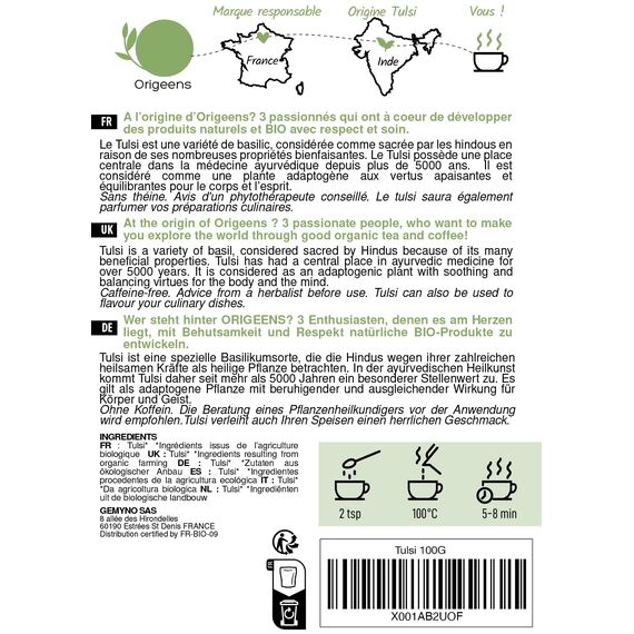 ORIGEENS BIO TULSI 100g - Indisches Basilikum, getrocknete Blätter - Bio Tulsi Tee lose ohne Teein - Anti-Stress Ayurveda Tee, Holy Basil Tea