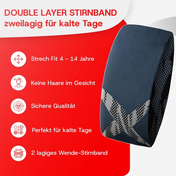 Junior 4-14 Jahre Sport Stirnband zum Wenden, 2-lagig für kalte Temperaturen, schnelltrocknend, Headband, Ohrenschützer, Schweißband, Haarband, Kopfband, Wandern, Laufen, Rad, Ski (GreyX)