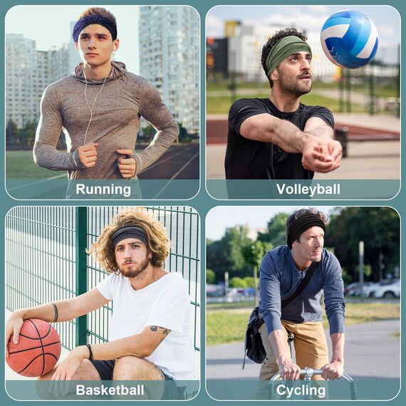 4 Stück Stirnband Herren, Elastisch Breites Haarband Sport Männer Atmungsaktiv Schweißband Stirn rutschfest für Fitness Laufen Basketball (Schwarz, Dunkelgrau, Marineblau, Armeegrün)