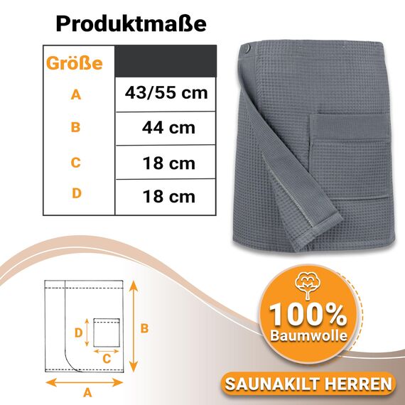 ZOLLNER Herrensaunakilt in Waffelpique - grau - Einheitsgröße - Baumwolle - mit Gummizug und Knopfverschluss - Tasche mit Reißverschluss - waschbar bis 60°C - Oeko Tex® zertifiziert