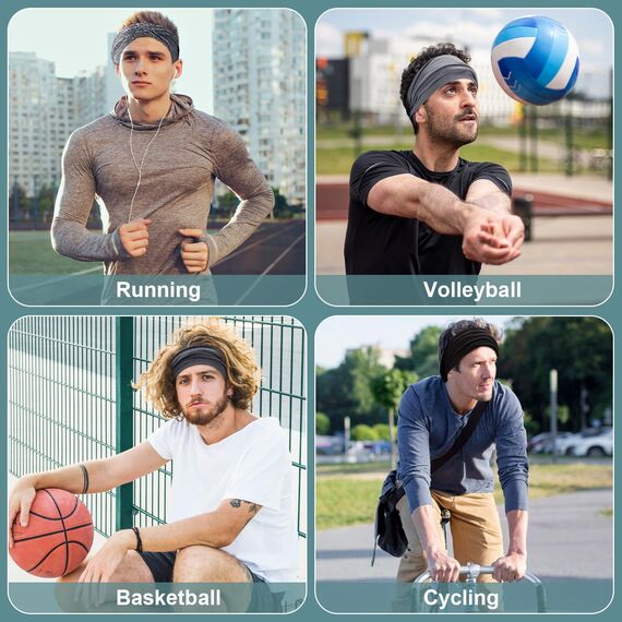 4 Stück Stirnband Herren, Elastisch Breites Haarband Sport Männer Atmungsaktiv Schweißband Stirn rutschfest für Fitness Joggen Laufen Radfahren Basketball (Schwarz, Dunkelgrau)