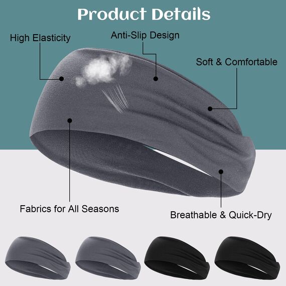 4 Stück Stirnband Herren, Elastisch Breites Haarband Sport Männer Atmungsaktiv Schweißband Stirn rutschfest für Fitness Joggen Laufen Radfahren Basketball (Schwarz, Dunkelgrau)