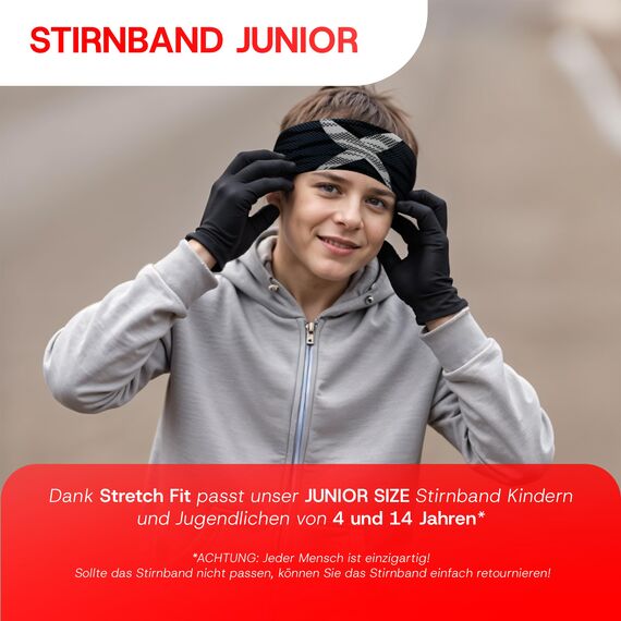 Junior 4-14 Jahre Sport Stirnband zum Wenden, 2-lagig für kalte Temperaturen, schnelltrocknend, Headband, Ohrenschützer, Schweißband, Haarband, Kopfband, Wandern, Laufen, Rad, Ski (GreyX)
