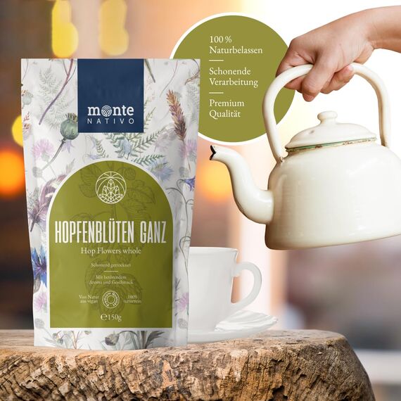 Hopfenblüten ganz Monte Nativo (150g) - Hopfentee schonend getrocknet aus aromatischer Hopfenblüten - 100% Natürlich Hops, Hopfen Tee ohne Zusatzstoffe - Kräutertee für einen köstlichen Aufguss
