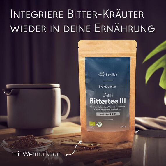 BIO Bittertee mit Löwenzahn, Wermut, Mariendistel und weiteren leckeren Bitterkräutern - Bitterstoff Kräutertee 100g Intensität: Stark