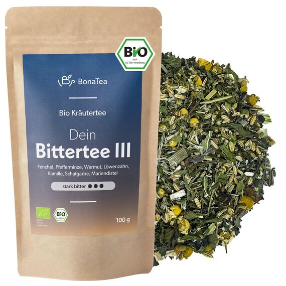 BIO Bittertee mit Löwenzahn, Wermut, Mariendistel und weiteren leckeren Bitterkräutern - Bitterstoff Kräutertee 100g Intensität: Stark