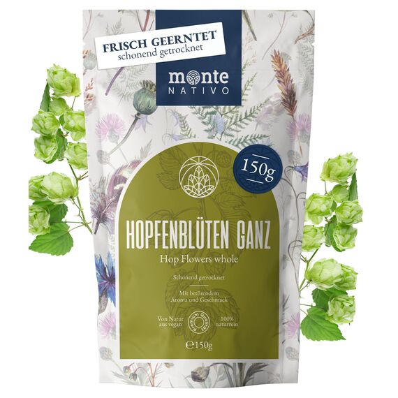 Hopfenblüten ganz Monte Nativo (150g) - Hopfentee schonend getrocknet aus aromatischer Hopfenblüten - 100% Natürlich Hops, Hopfen Tee ohne Zusatzstoffe - Kräutertee für einen köstlichen Aufguss