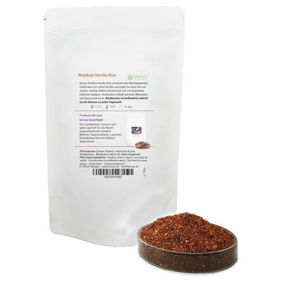 Rooibos Vanille Tee Rotbuschtee mit echten Vanillestückchen 150g | Samtig süßer Geschmack | Rotbusch Vanilla Kiss