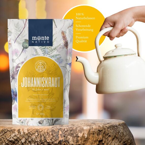 Johanniskraut Tee Monte Nativo (300g) - Johanniskrauttee schonend getrocknet - 100% natürlich und ohne Zusatzstoffe - Aromatischer Kräutertee für einen köstlichen Aufguss