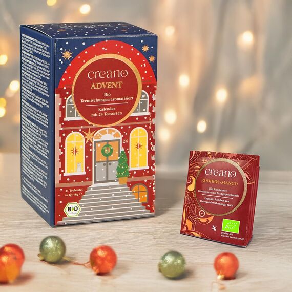 Creano Bio Tee Adventskalender "Weihnachtshaus" - 24 verschiedene BIO Tees - Kräutertee, Früchtetee, Grüner Tee, Weißer Tee, Schwarzer Tee, Chai