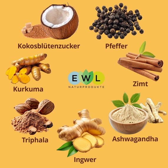 EWL Naturprodukte Bio Goldene Milch 300g,Golden Milk mit Kurkuma, Triphala, Ashwaganda, Ceylon Zimt, Ingwer, Ceylon Pfeffer, Kokosblütenzucker