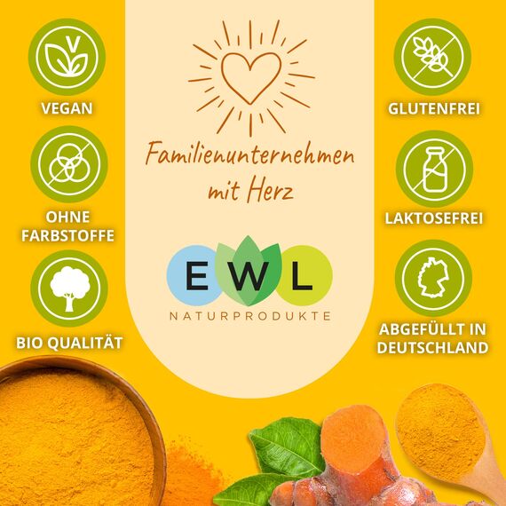 EWL Naturprodukte Bio Kurkuma Pulver 1200g extra XXL Bio-Vorteilspack Kurkuma Pulver Bio Kurkumapulver aus kontrolliert biologischem Anbau Abgefüllt + kontrolliert in Deutschland Curcuma Pulver
