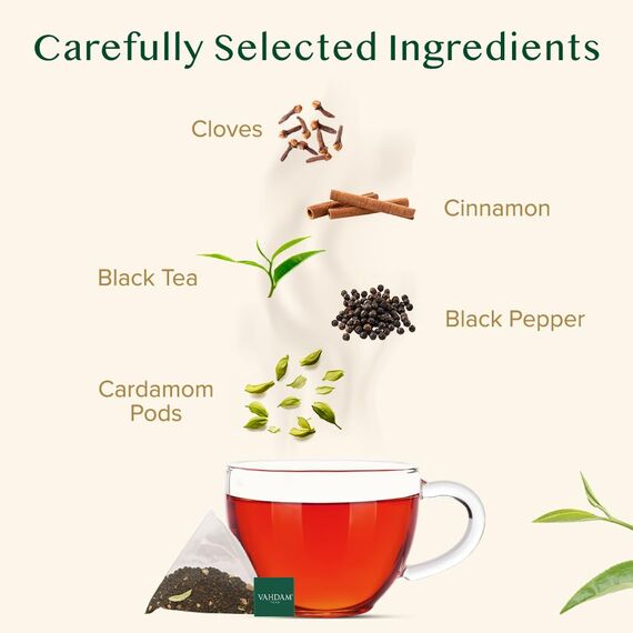 VAHDAM, Indischer Original Masala Chai Teebeutel (30 Pyramiden-teebeutel) 100% Natürliche Gewürze - Schwarzer Tee, Kardamom, Zimt, Schwarzer Pfeffer & Nelken | Gemischt & Verpackt In Indien