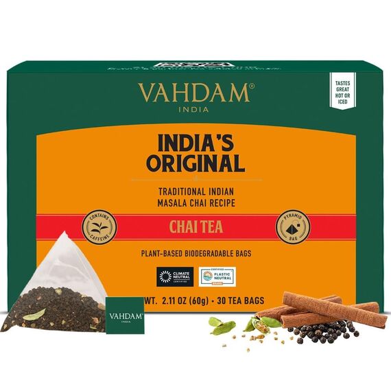 VAHDAM, Indischer Original Masala Chai Teebeutel (30 Pyramiden-teebeutel) 100% Natürliche Gewürze - Schwarzer Tee, Kardamom, Zimt, Schwarzer Pfeffer & Nelken | Gemischt & Verpackt In Indien