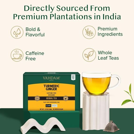 VAHDAM, Turmeric Ginger Kräutertee Beutel (30 Teebeutel) Koffeinfrei | Kurkuma & Gartenfrischen Gewürzen | Verpackt in Indien | Brühen Sie Heiß, Eis oder Kombucha Tee