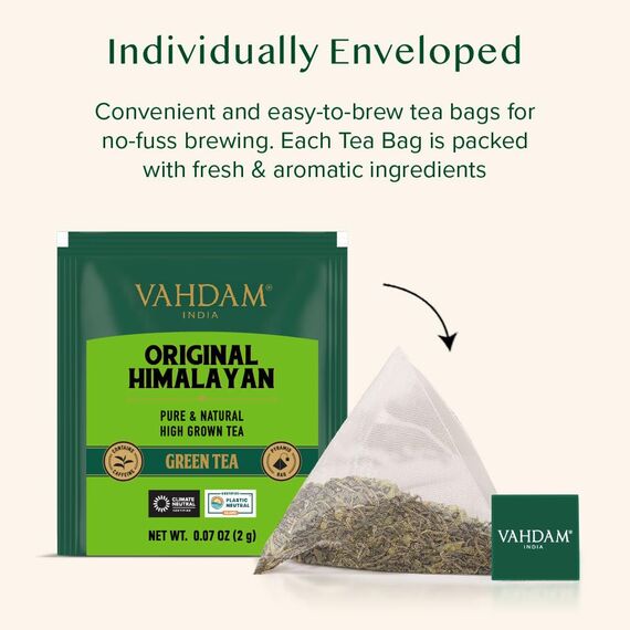 VAHDAM, Grüner Tee Von Himalaya (30 Pyramiden Teebeutel) 100% Reiner & Aromatischer | Natürliche Grüntee Loses Blatt | Frisch & Direkt Von Der Quelle In Indien | Heiß Oder Eisgekühlt Aufbrühen