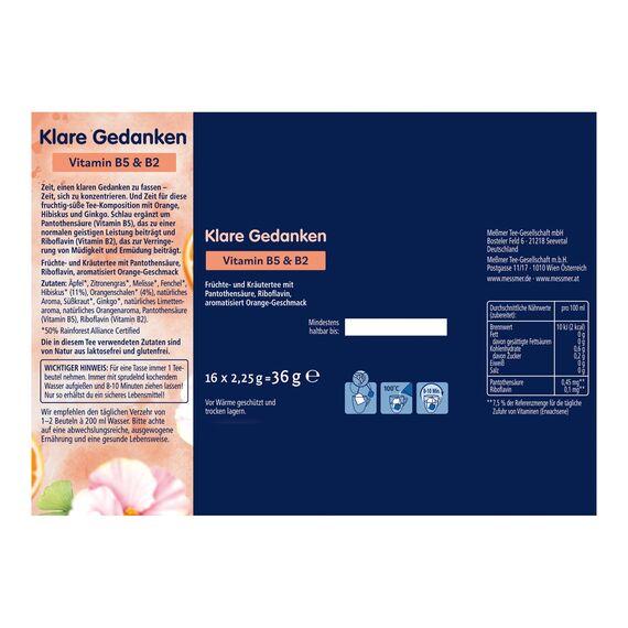 Meßmer Klare Gedanken | Früchte-Kräutertee mit Orangen-Aroma und Vitaminen B5 & B2 | Orange-Hibiskus-Ginkgo | 16 Teebeutel