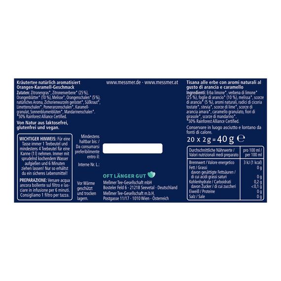Meßmer GELASSENHEIT | Kräutermischung mit Zitronenverbene und Orangenblättern | 20 Teebeutel | Orangen-Karamell-Aroma