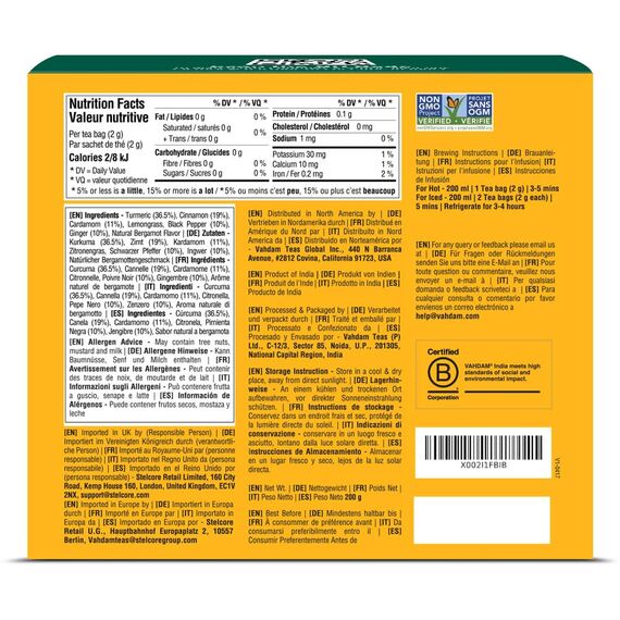 VAHDAM Kurkuma-Gewürz Kräutertee | 100 Pyramidenteebeutel | Koffeinfrei | Mischung mit Kurkuma, Zimt, Kardamom, Ingwer, Nelken & Schwarzem Pfeffer | Natürliche Zutaten | Hergestellt in Indien