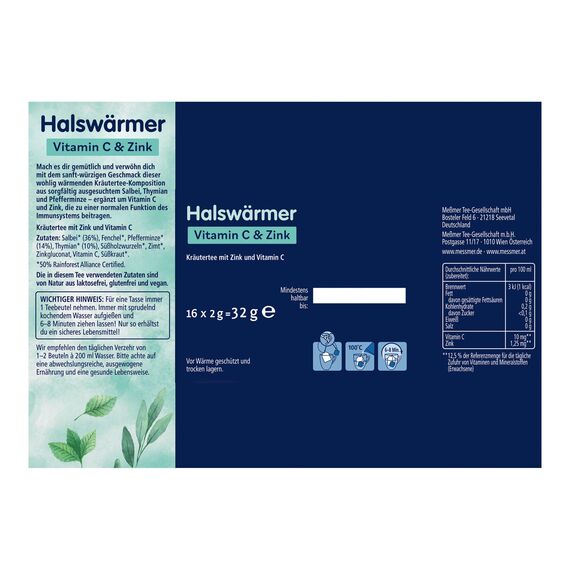 Meßmer Halswärmer | Vitamin C & Zink | 16 Teebeutel | Glutenfrei | Laktosefrei | Vegan