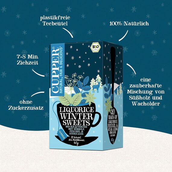 Cupper Bio-Kräutertee "Liquorice Winter Sweets", 20 ungebleichte Teebeutel, umweltfreundlich, fair gehandelt