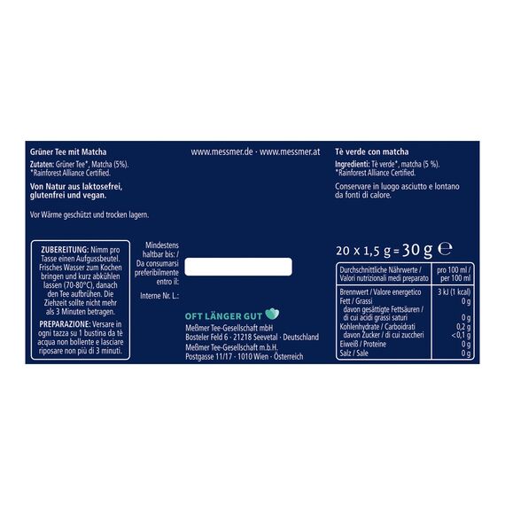 Meßmer MATCHA SPIRIT | Grüner Tee mit Matcha | 20 Teebeutel | für morgendliche Rituale