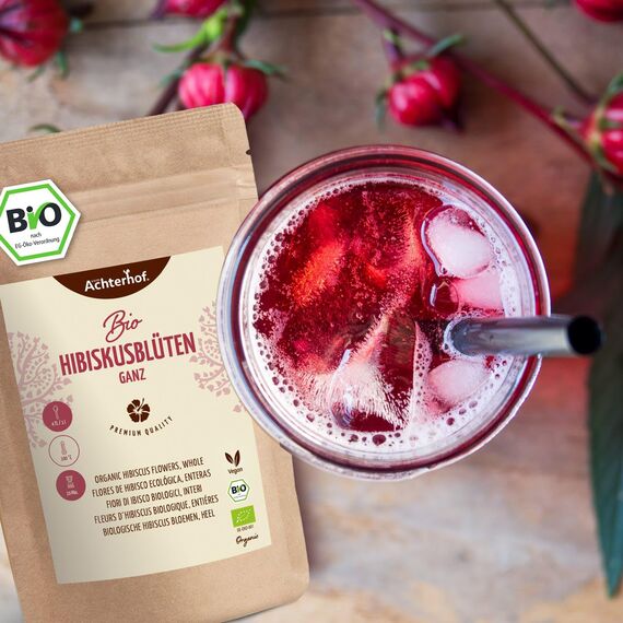 Hibiskusblüten Bio ganz getrocknet 500g | leicht säuerlich-fruchtiger Geschmack | in Bio-Qualität | süß-aromatischer Hibiskustee | ideal für Salate, Desserts, Kuchen, Joguhrts | vom Achterhof