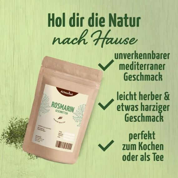 Rosmarin getrocknet 500g | 100% rein und naturbelassen für Gewürzmischungen und aromatischen Tee | Rosmarinnadeln geschnitten | mediterranes Gewürz | intensives Aroma | vom Achterhof