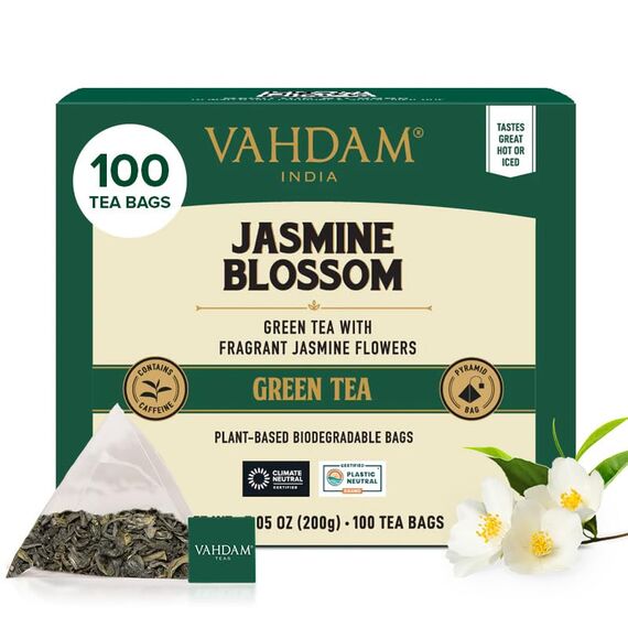 VAHDAM, Jasmintee Grüner Tee (100 Pyramide Teebeutel) Grüner Tee mit Jasminblüten | 100% natürliche Zutaten, Grüner Teebeutel