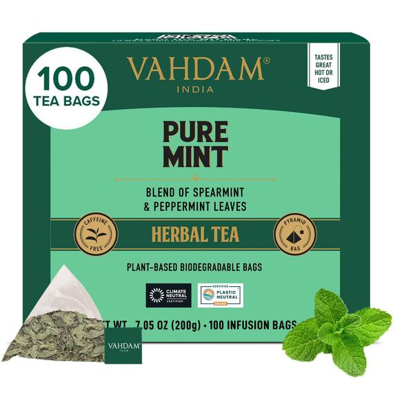 VAHDAM, Pure Mint Kräutertee Beutel (100 Teebeutel) Koffeinfrei | 100% natürliche Zutaten - Pfefferminze, Krauseminze | Minzteebeutel