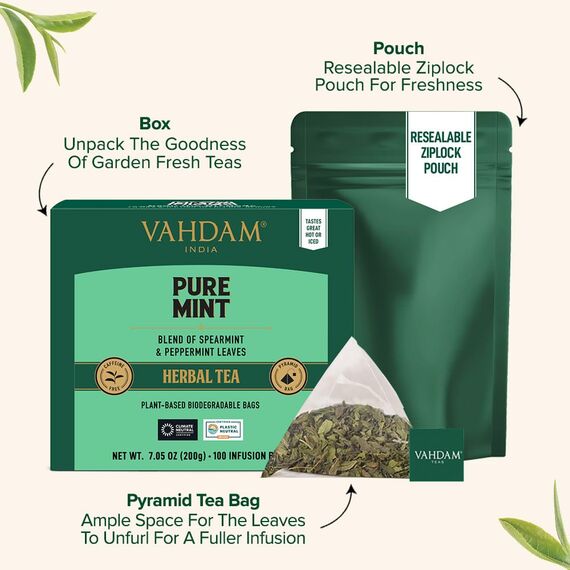 VAHDAM, Pure Mint Kräutertee Beutel (100 Teebeutel) Koffeinfrei | 100% natürliche Zutaten - Pfefferminze, Krauseminze | Minzteebeutel