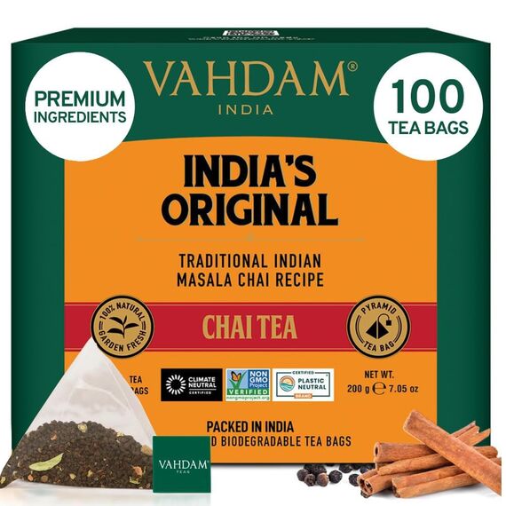 VAHDAM, Indischer Original Masala Chai Teebeutel (100 Pyramiden-teebeutel) 100% Natürliche Gewürze - Schwarzer Tee, Kardamom, Zimt, Schwarzer Pfeffer & Nelken | Gemischt & Verpackt In Indien