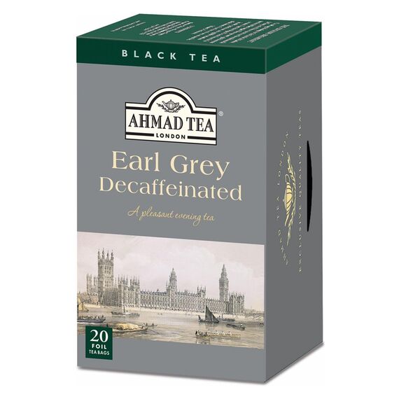 Ahmad Tea - Earl Grey ohne Koffein - Koffeinfreier Schwarztee mit Bergamotte - Einzeln Verpackte, Aromaversiegelte Teebeutel mit 2g Tee pro Portion - 20 Teebeutel mit Band