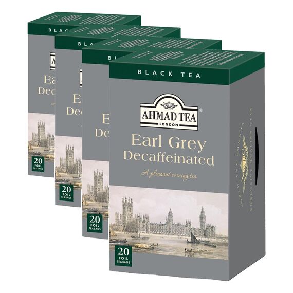 Ahmad Tea - Earl Grey ohne Koffein - Koffeinfreier Schwarztee mit Bergamotte - Einzeln Verpackte, Aromaversiegelte Teebeutel mit 2g Tee pro Portion - 20 Teebeutel mit Band (Packung mit 4)