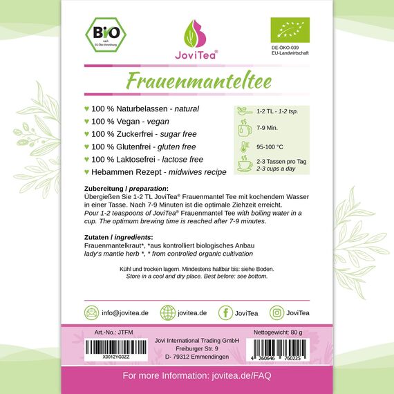 JoviTea® Frauenmanteltee BIO 2er Set + geeignet vor der Schwangerschaft + geerntet in Deutschland - 100% natürlich und ohne Zusatz von Zucker - 2x80g