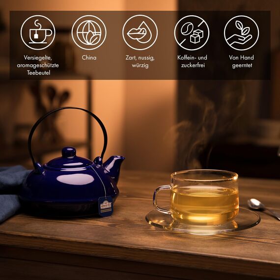 Grüner Tee ohne Koffein - Koffeinfreier Grüntee - Einzeln Verpackte, Aromaversiegelte Teebeutel mit 1,5g Tee pro Portion - 20 Teebeutel mit Band