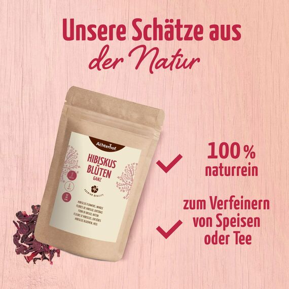 Hibiskusblüten ganz getrocknet 100g | leicht säuerlich-fruchtiger Geschmack | essbare Hibiskus Blüte | süß-aromatischer Hibiskustee | ideal für Salate, Desserts, Kuchen, Joguhrts | vom Achterhof