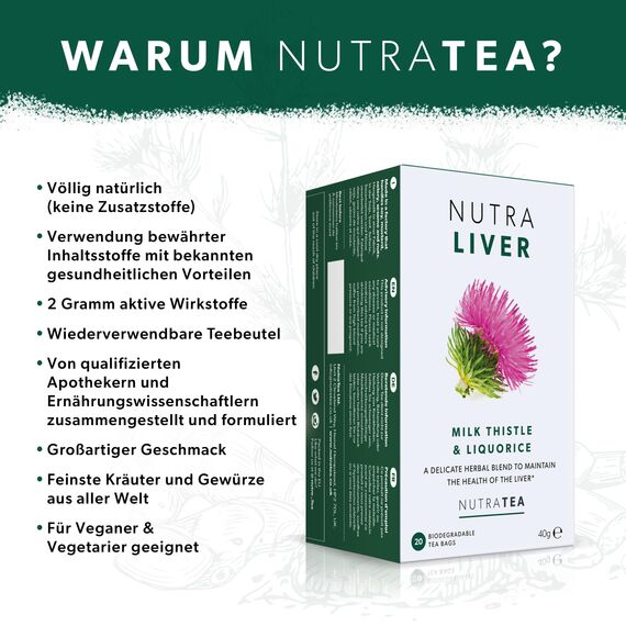 Nutra Tea NUTRALIVER, Detox Tee zum Entgiften der Leber, trägt zur Unterstützung der Leberregeneration & gesunde Verdauung bei, 40 wiederverwendbare Teebeutel, Leber Tee mit Mariendistel & Lakritz