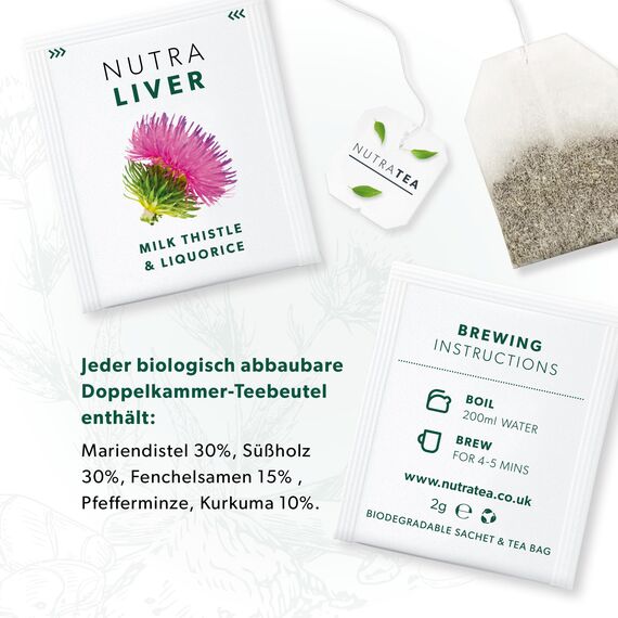 Nutra Tea NUTRALIVER, Detox Tee zum Entgiften der Leber, trägt zur Unterstützung der Leberregeneration & gesunde Verdauung bei, 40 wiederverwendbare Teebeutel, Leber Tee mit Mariendistel & Lakritz