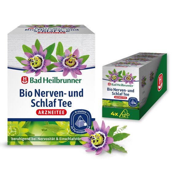 Bad Heilbrunner Bio Nerven- & Schlaftee - im Pyramidenbeutel - Melisse, Lavendel & Hopfen - beruhigt bei Nervosität & Einschlafstörung - für überreizte Nervenbündel (4 x 12 Pyramidenbeutel)
