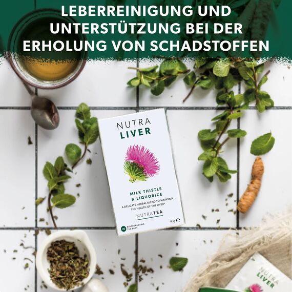 Nutra Tea NUTRALIVER, Detox Tee zum Entgiften der Leber, trägt zur Unterstützung der Leberregeneration & gesunde Verdauung bei, 60 wiederverwendbare Teebeutel, Leber Tee mit Mariendistel & Lakritz
