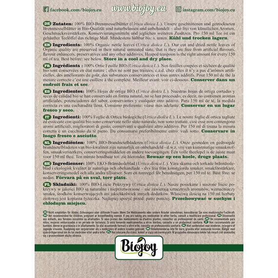 Biojoy BIO-Brennessel-Tee (250 g), Brennnesselblätter getrocknet und geschnitten, Kräutertee (Urtica dioica)