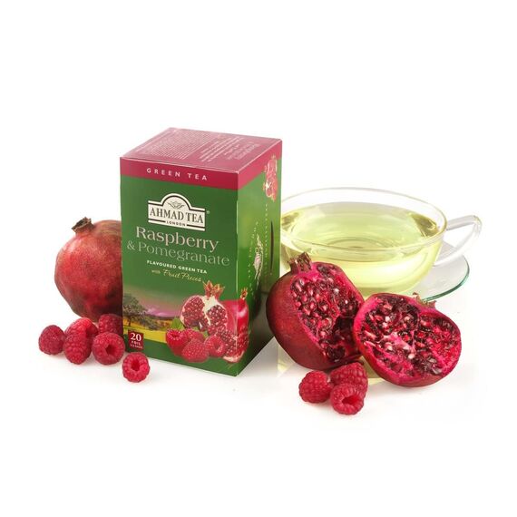Ahmad Tea - Raspberry&Pomegranate - Grüner Tee mit Himbeer & Granatapfel - Mit Fruchtstücken – Einzeln Verpackte, Aromaversiegelte Teebeutel mit 2g Tee pro Portion - 20 Teebeutel mit Band