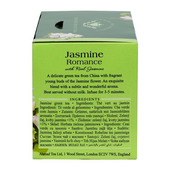 Ahmad Tea - Jasmine Romance - Grüner Jasmintee mit echten Jasminblüten - Einzeln Verpackte, Aromaversiegelte Teebeutel mit 2g Tee pro Portion - 20 Teebeutel mit Band