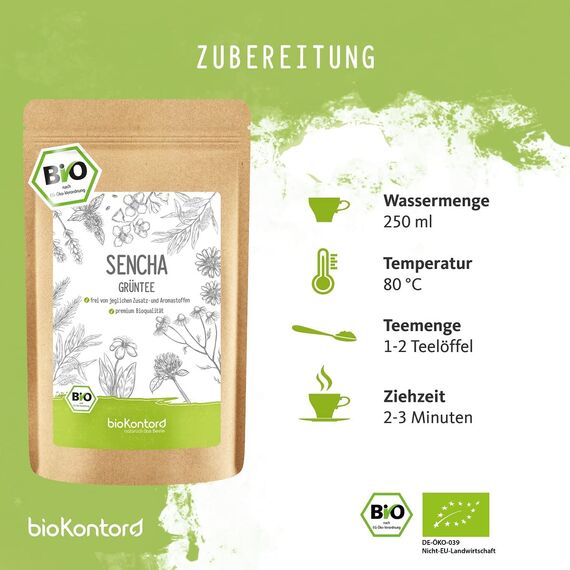 Grüner Sencha Tee BIO 250 g I lose und geschnitten I aromatischer bio Sencha Grüntee I 100% natürlich I bioKontor
