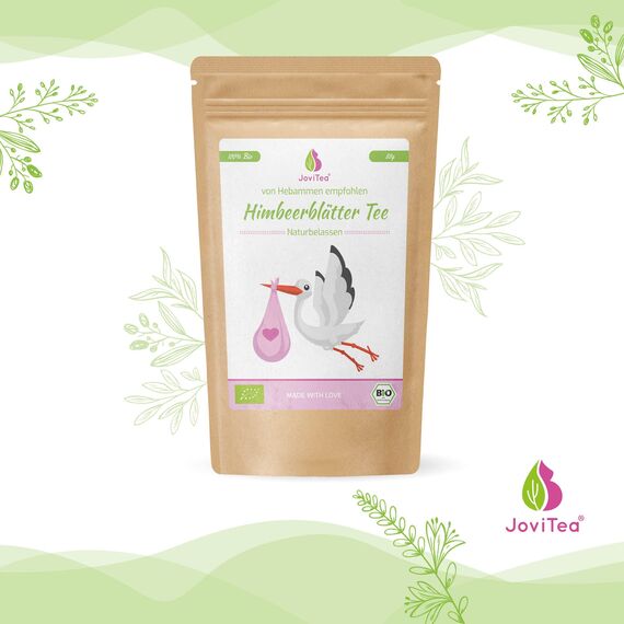 JoviTea® Himbeerblättertee BIO mit Tasse und Kandisstick - Kräutertee - Schwangerschaftstee -100% natürlicher Tee. Aus Biologischem Anbau. Himbeerblätter 80g (1er Pack)