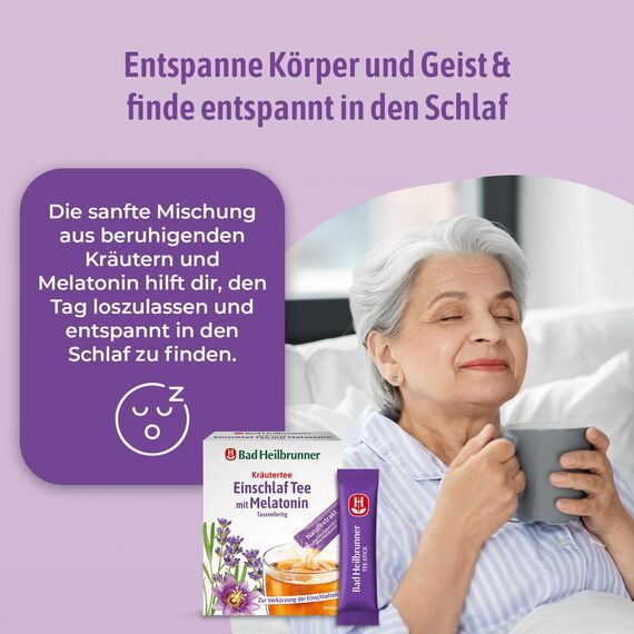 Bad Heilbrunner Einschlaf Tee mit Melatonin - im Stick, Tassenfertig - mit Melatonin, Lavendelblüten & Passionsblume - Endlich gut einschlafen - Ideal bei Reisen - gute Nacht Tee (8 x 10 Sticks)