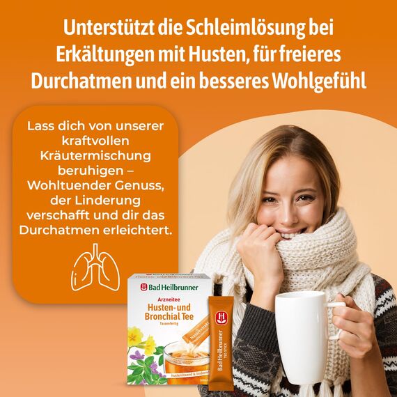 Bad Heilbrunner Husten- & Bronchial - Arzneitee im Stick - Tassenfertig - Spitzwegerich, Thymian & Bitterer Fenchel - reizlindernd bei Bronchitis, trockenem Husten & Erkältungen (8 x 10 Sticks)