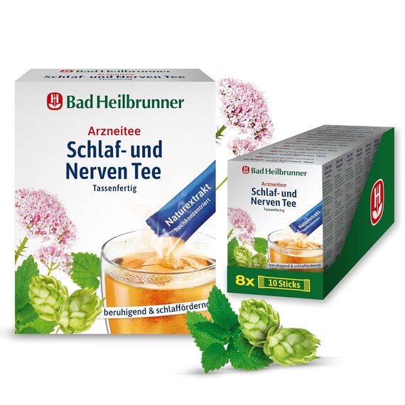 Bad Heilbrunner Schlaf- & Nerven Tee - Arzneitee im Stick, Tassenfertig - Melisse, Lavendel & Hopfen - beruhigt bei Nervosität & Einschlafstörung - für überreizte Nervenbündel (8 x 10 Sticks)